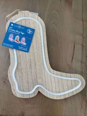 Natural Wood Cowboy Boot LED Sign — White